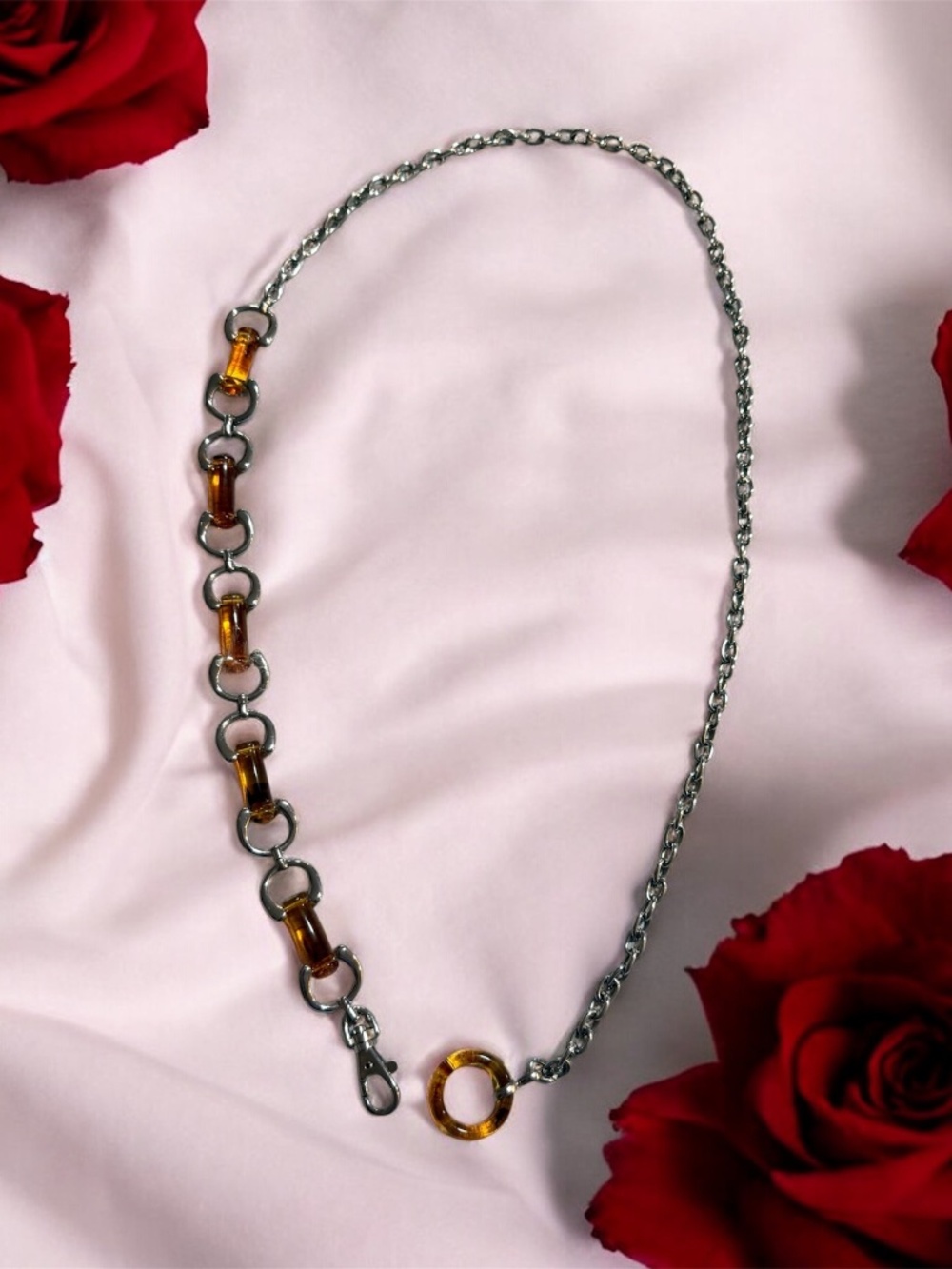 Silver Tone Chain Belt with Amber Lucite Links Adjustable Waist Belt